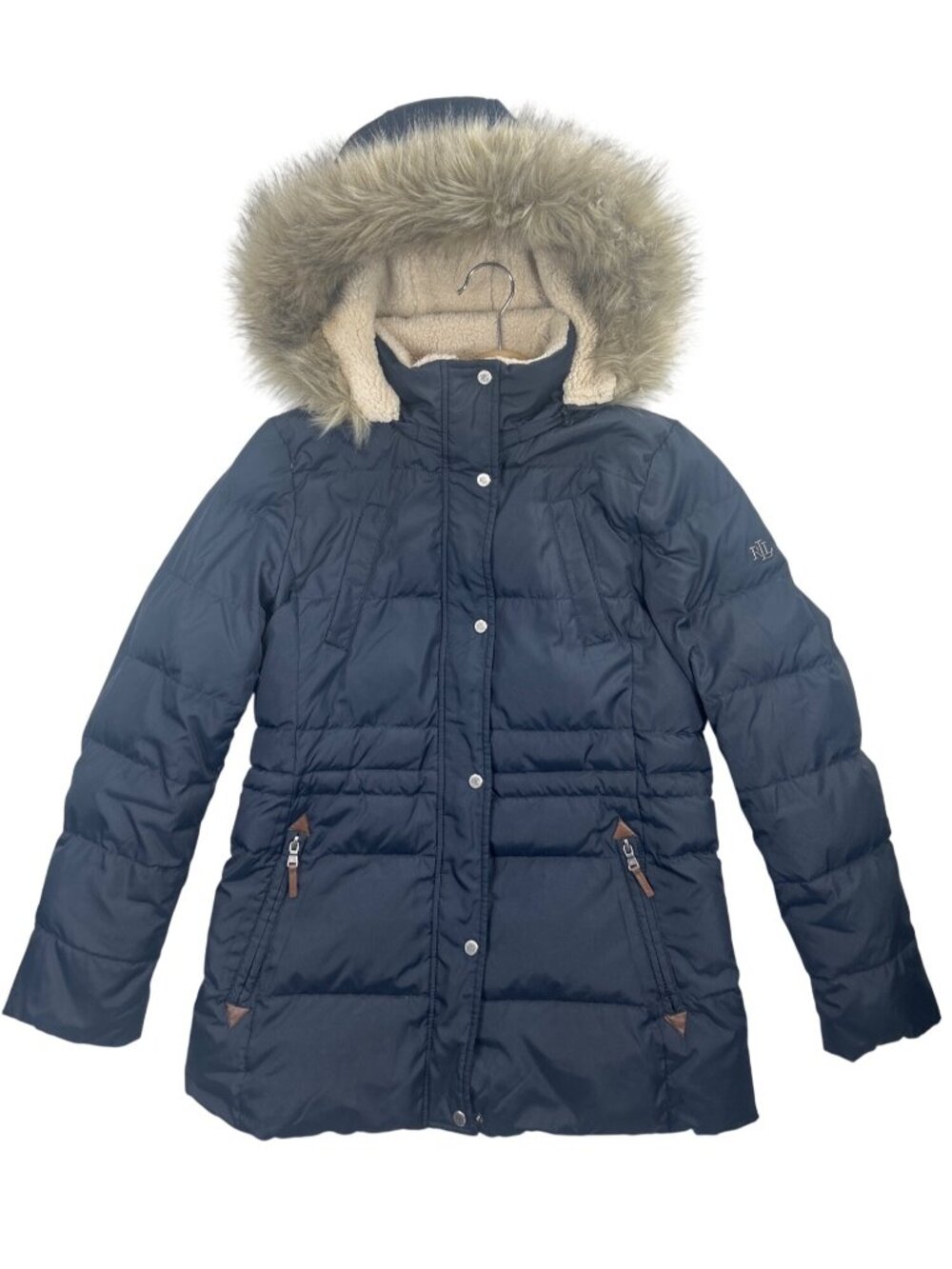 Lauren Ralph Lauren Women's S Navy Down Puffer Coat Winter Fur Hood